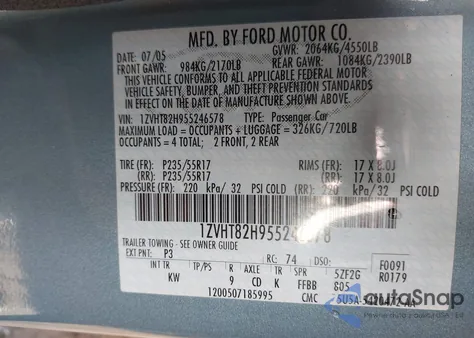 2005 Ford Mustang Gt Deluxe/Gt Premium из США, поврежденный, VIN 1ZVHT82H955246578